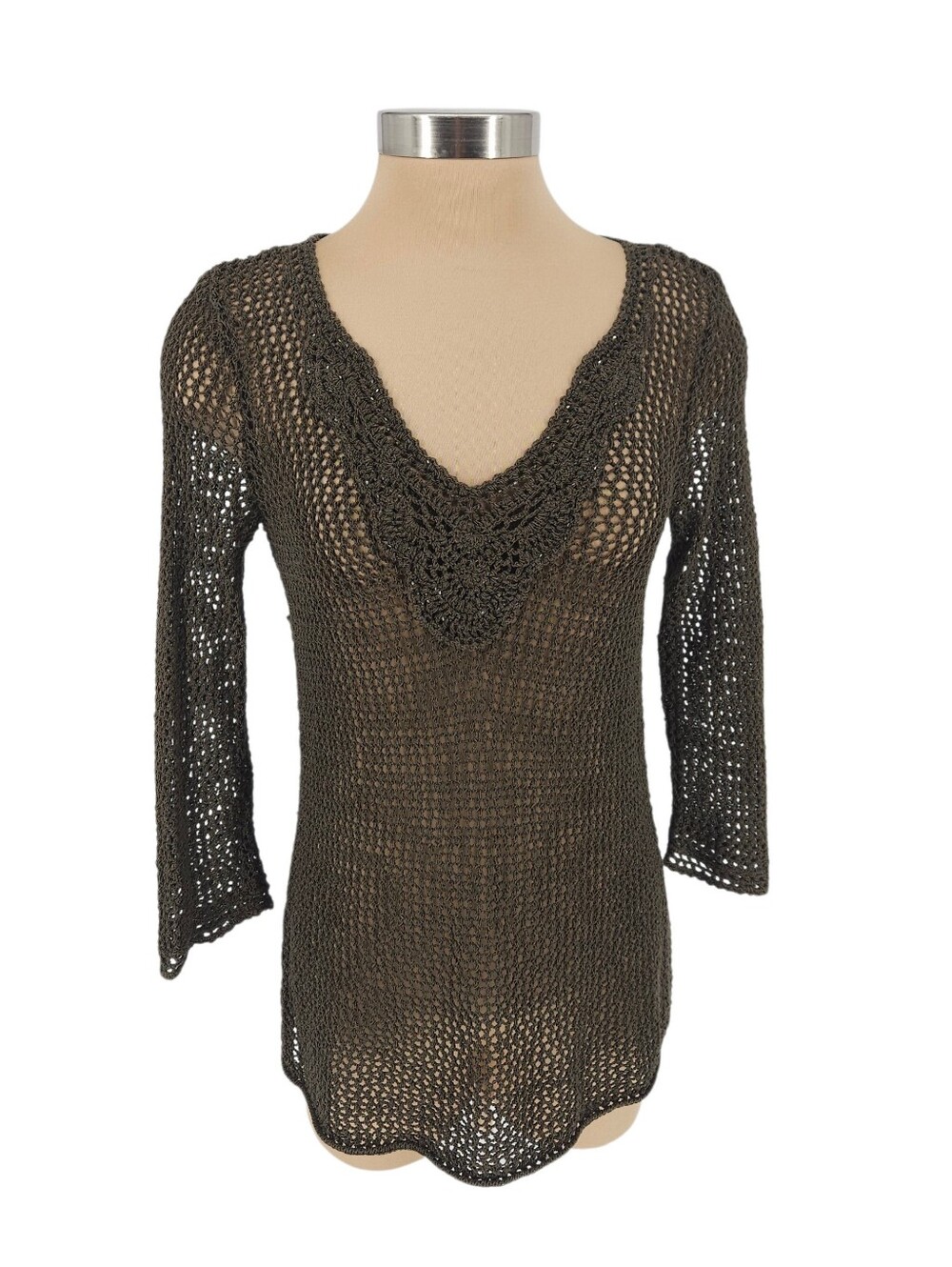 Tommy Bahama Sweater Linen Brown Beaded V Neck Crochet Knit Pullover Medium